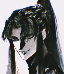 1boy absurdres chromatic_aberration eyelashes greyscale hanpen_kounaien high_ponytail highres long_sidelocks looking_ahead male_focus monochrome original parted_bangs parted_lips ponytail portrait sidelocks smirk solo turtleneck