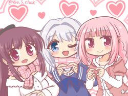 Rule 34 | 3girls, :d, amane tsukasa, amane tsukasa (cosplay), amane tsukasa (winter costume), amane tsukuyo, bad id, bad twitter id, blue bow, blue eyes, blunt bangs, blush, bow, braid, grey hair, hair bow, hair intakes, heart, heart hands, hood, layered sleeves, long hair, long sleeves, looking at viewer, magia record: mahou shoujo madoka magica gaiden, mahou shoujo madoka magica, multiple girls, official alternate costume, one eye closed, open mouth, pink eyes, pink hair, pink scarf, plaid clothes, plaid scarf, ponytail, purple eyes, purple hair, reverse (bluefencer), sailor collar, scarf, shirt, short over long sleeves, short sleeves, sidelocks, smile, tamaki iroha, tamaki ui, tamaki ui (cosplay), twitter username, upper body, white background, white shirt, yakumo mikage, yakumo mikage (cosplay), yakumo mikage (winter costume), yakumo mitama