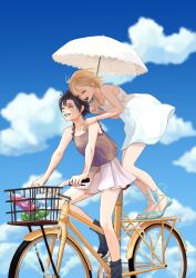 2girls aqua_nails aqua_sandals bicycle bicycle_basket black_footwear black_hair blonde_hair blue_sky breasts closed_eyes cloud cloudy_sky dress feet grey_shirt grin highres holding holding_umbrella kingdom_hearts kingdom_hearts_iii legs medium_breasts medium_hair mukashino multiple_girls nail_polish namine open_mouth outdoors parasol plastic_bottle pleated_skirt riding riding_bicycle sandals shirt short_hair skirt sky sleeveless sleeveless_dress sleeveless_shirt smile sundress teeth toeless_footwear toenail_polish toenails toes umbrella white_dress white_skirt xion_(kingdom_hearts)