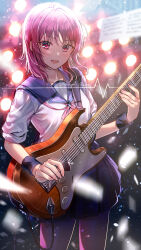 1girl :d absurdres angel_beats! blue_sailor_collar blue_skirt blurry blush commentary_request confetti contrapposto copyright_name cowboy_shot depth_of_field electric_guitar fingernails guitar highres holding holding_instrument holding_plectrum instrument iwasawa_masami looking_at_viewer nail_polish open_mouth pink_eyes pink_hair pink_nails pleated_skirt plectrum sailor_collar sakura_(39ra) school_uniform serafuku shinda_sekai_sensen_uniform short_hair skirt sleeves_rolled_up smile solo white_serafuku wristband