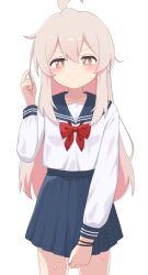 1girl absurdres ahoge blue_sailor_collar blue_skirt blush bow bowtie brown_eyes commentary covering_crotch covering_privates cowboy_shot embarrassed frown hair_between_eyes hand_up highres long_hair long_sleeves looking_at_viewer mooramango onii-chan_wa_oshimai! oyama_mahiro pee peeing peeing_self pink_hair pleated_skirt red_bow red_bowtie sailor_collar school_uniform serafuku simple_background skirt solo straight-on sweat white_background