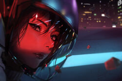 1girl absurdres black_eyes black_hair building city closed_mouth floating_rock helmet highres looking_at_viewer motorcycle_helmet night original outdoors solo vyva