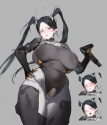 1girl black_hair blue_eyes blush bodysuit breasts clenched_teeth earrings gebijiade_89 grey_background gun hair_ornament hand_on_own_hip heart heart-shaped_pupils highres holding holding_gun holding_weapon huge_breasts jewelry lips long_hair looking_at_viewer multiple_expressions multiple_views open_mouth original prosthesis prosthetic_arm rolling_eyes simple_background sweat symbol-shaped_pupils teeth twintails weapon
