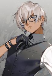 1boy antenna_hair artist_name black-framed_eyewear black_gloves black_necktie black_vest blue_eyes buttons closed_mouth collared_shirt commentary_request dark-skinned_male dark_skin earrings glasses gloves green_eyes grey_background hair_between_eyes half_gloves hand_up ibrahim_(6th_costume)_(nijisanji) ibrahim_(nijisanji) jewelry light_particles looking_at_viewer male_focus multicolored_eyes necktie nijisanji official_alternate_costume one_eye_closed shion_(ajisionn) shirt short_hair solo twitter_username two-tone_eyes upper_body vest virtual_youtuber white_hair white_shirt wing_collar