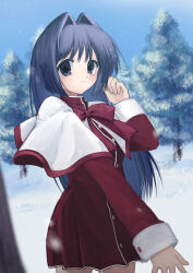 Rule 34 | 1girl, 2000s (style), absurdres, blue eyes, blue hair, blue sky, bow, capelet, day, dress, hair intakes, highres, kanon, long hair, looking at viewer, minase nayuki, nemu (zutto oyasu3), outdoors, red bow, red dress, school uniform, sky, smile, snow, solo, tree, white capelet
