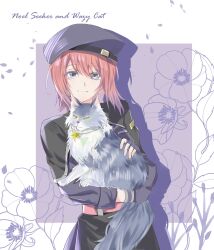 1girl animal ao_no_kiseki belt beret black_hat black_jacket brown_hair cat closed_mouth commentary_request eiyuu_densetsu falling_petals grey_eyes grey_fur hat highres holding holding_animal holding_cat jacket looking_at_viewer medium_hair noel_seeker petals smile solo yellow_eyes yingkongji1