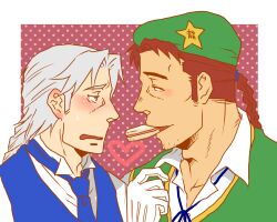 Rule 34 | 2boys, beret, blue necktie, blue ribbon, blue vest, blush, braid, collared shirt, commentary request, cookie, curtained hair, food, food in mouth, genderswap, genderswap (ftm), green vest, grey eyes, grey hair, hat, hat ornament, heart, hong meiling, izayoi sakuya, long hair, looking at another, multiple boys, neck ribbon, necktie, open mouth, polka dot, polka dot background, purple background, red hair, ribbon, shared food, shirt, simotukiryuusi, single braid, star (symbol), star hat ornament, touhou, upper body, vest, white background, white shirt, yaoi