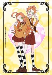 1boy 1girl brown_shoes chocolat_meilleure commentary facebook_username full_body genderswap genderswap_(ftm) green_eyes hashtag-only_commentary heart heart_pendant highres long_hair looking_at_viewer necktie orange_hair school_uniform shoes short_hair skirt smile socks striped_clothes striped_socks striped_thighhighs sugar_sugar_rune symbol-only_commentary thighhighs twitter_username v yuzikoz_mega
