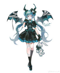 1girl 2023 absurdres alternate_costume aqua_bow aqua_dress arrow_(symbol) bandaged_ear bandaged_wings bat_wings black_dress black_footwear black_horns black_socks blue_hair bow chinese_commentary closed_mouth commentary_request corset dated diamond_(shape) dress eye_hair_ornament facial_tattoo footwear_bow frilled_dress frills full_body hatsune_miku highres holding holding_stuffed_toy horns kneehighs leg_ribbon long_hair looking_at_viewer mie_haha ribbon signature simple_background socks solo standing stuffed_animal stuffed_rabbit stuffed_toy tachi-e tattoo twintails two-tone_dress vocaloid watermark weibo_watermark white_background white_ribbon wings x