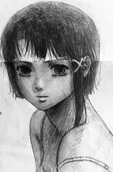 Rule 34 | 1girl, asymmetrical bangs, bags under eyes, black hair, collarbone, commentary, crease, graphite (medium), greyscale, hair ornament, hair over shoulder, highres, iwakura lain, kansouki, looking at viewer, monochrome, nose shade, scan, serial experiments lain, serious, solo, traditional media, x hair ornament
