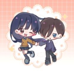 Rule 34 | 1boy, 1girl, autumn, black pants, black shoes, black skirt, black socks, blue bow, blue bowtie, blue eyes, blue hair, blue jacket, blush stickers, boku no kokoro no yabai yatsu, bow, bowtie, brown eyes, brown hair, brown sweater, buttons, chinese commentary, collared shirt, commentary request, couple, dot nose, double-parted bangs, floating hair, floating liquid, gradient background, grey shoes, hair over one eye, hetero, highres, holding hands, ichikawa kyoutarou, jacket, kneehighs, lace, leg up, light blush, long hair, long sleeves, miniskirt, one eye closed, open mouth, orange background, outstretched arm, pants, plaid background, pleated skirt, puffy long sleeves, puffy sleeves, qianwa shi biao, school uniform, shirt, shirt under sweater, shoes, short hair, single blush sticker, skirt, sleeves past wrists, smile, sneakers, socks, sparkle, striped bow, striped bowtie, striped clothes, sweater, sweater jacket, v-neck, very long hair, white shirt, yamada anna