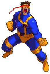 Rule 34 | 1990s (style), 1boy, abs, absurdres, bengus, blue bodysuit, bodysuit, boots, brown hair, clenched hands, cyclops (x-men), from above, full body, game cg, gloves, head-mounted display, highres, legs apart, male focus, marvel vs. capcom, muscular, muscular male, non-web source, official art, open mouth, pectorals, retro artstyle, short hair, simple background, solo, superhero costume, teeth, western comics (style), white background, x-men vs. street fighter, yellow boots, yellow gloves