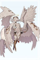 1girl absurdres angel angel_wings arrow_(projectile) blue_background blush boots border bow_(weapon) breasts breasts_apart closed_mouth commentary_request ekrea_jan feather_hair feathered_wings feathers floating full_body groin hair_over_one_eye halo head_wings heart heart_arrow highres holding holding_arrow holding_bow_(weapon) holding_weapon knee_boots looking_at_viewer multiple_wings navel original outside_border short_hair sideboob small_breasts smile solo stomach traditional_halo weapon white_border white_feathers wings yellow_eyes