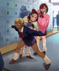 3girls :3 :d absurdres artist_name ayase_momo bag blonde_hair blue_jacket blue_skirt bow bowtie brown_hair brown_shoes commentary dandadan dark-skinned_female dark_skin english_commentary getabako highres holding holding_bag indoors jacket jitome loafers looking_at_viewer loose_bowtie loose_socks miko_(dandadan) muko_(dandadan) multiple_girls open_mouth pink_sweater pleated_skirt red_bow red_bowtie ribbed_socks school school_uniform shirt shoes skirt smile socks sweater topknot twintails twitter_username white_shirt white_socks yuqi_non