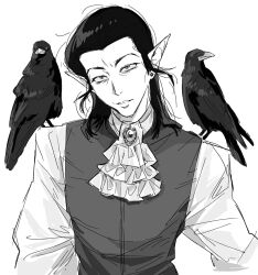 1boy baldur&#039;s_gate baldur&#039;s_gate_3 bird black_hair cazador_szarr crow dungeons_&amp;_dragons dungeons_&amp;_dragons earrings greyscale hair_slicked_back highres jewelry looking_at_viewer male_focus medium_hair monochrome monolids pointy_ears sketch solo upper_body vest white_background whxqxqaaa!