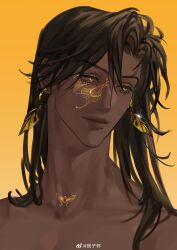 Rule 34 | 1boy, absurdres, black hair, butterfly facial mark, chinese commentary, closed mouth, collarbone, curtained hair, dark-skinned male, dark skin, earrings, error: weibuzudao, facial mark, fanta (error: weibuzudao), gold earrings, highres, jewelry, ji zi huai, leaf earrings, lips, long hair, looking to the side, male focus, neck tattoo, parted bangs, portrait, simple background, smile, tattoo, topless male, watermark, weibo watermark, yellow background, yellow eyes