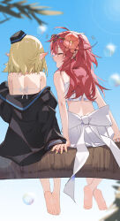 2girls absurdres arknights back_bow barefoot bikini black_hat black_jacket blonde_hair blush bow chinese_commentary closed_eyes commentary_request cool_est durin_(arknights) ear_blush earrings eyewear_on_head fang flower hair_flower hair_ornament hat heart heart-shaped_eyewear heart_earrings highres jacket jewelry long_hair long_sleeves medium_hair multiple_girls myrtle_(arknights) myrtle_(summer_flowers)_(arknights) nail_polish notice_lines official_alternate_costume open_mouth outdoors pointy_ears red_hair sitting skin_fang soles swimsuit toes white_bikini yellow_nails