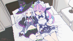 2girls absurdres ahoge arched_bangs bed blush bow braid breasts closed_mouth colored_inner_hair desk_lamp from_above grey_hair hair_bun hair_ornament hair_ribbon hat highres hololive lamp long_hair long_sleeves looking_at_another maid minato_aqua minato_aqua_(1st_costume) multicolored_hair multiple_girls murasaki_shion murasaki_shion_(1st_costume) navel nekonui nightstand on_bed pillow pink_hair purple_eyes purple_hair ribbon shirt side_up_bun skirt small_breasts smile streaked_hair striped_clothes striped_thighhighs tearing_up thighhighs thighs twintails two-tone_hair virtual_youtuber witch_hat yellow_eyes