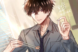 1boy 2018 black_necktie window_blinds brown_hair chopsticks collar_x_malice collared_shirt dated grey_shirt holding holding_chopsticks male_focus mavis necktie pink_eyes shirt short_hair signature sketch smile solo teeth window yanagi_aiji