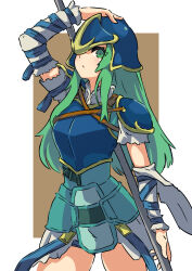1girl absurdres armor blue_helmet breastplate cianter closed_mouth commentary cowboy_shot english_commentary fire_emblem fire_emblem:_path_of_radiance green_eyes green_hair helmet highres holding holding_behind_back holding_polearm holding_polearm_behind_back holding_weapon holding_weapon_behind_back long_hair looking_at_viewer mixed-language_commentary nephenee_(fire_emblem) nintendo polearm shoulder_armor solo weapon