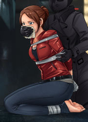 Rule 34 | 2girls, absurdres, ada wong, blue eyes, bound, bound ankles, bound torso, bound wrists, breasts, brown hair, capcom, chloroform, claire redfield, cleavage, coat, covering own mouth, dress, earrings, gag, gagged, gagging, grabbing from behind, hand gagged, hand over another&#039;s mouth, hand over another's mouth, highres, jewelry, legs, lost one zero, medium breasts, multiple girls, red dress, resident evil, resident evil 2, seiza, shirt, shorts, sitting, sweat, tape, thighs, trench coat