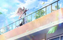 1girl against_railing blue_dress blue_eyes blue_sky button_eyes buttons ceras_yanagida_lilienfeld ceras_yanagida_lilienfeld_(mahou_shoujo_rhythmic_heart) cloud day double-breasted dress falling_leaves game_cg grey_hair hair_intakes highres juliet_sleeves leaf link!_like!_love_live! long_hair long_sleeves looking_down love_live! non-web_source official_art on_rooftop outdoors parted_lips pleated_dress puffy_sleeves railing sailor_dress school_uniform sky solo standing stuffed_animal stuffed_rabbit stuffed_toy swept_bangs tree virtual_youtuber