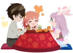 Rule 34 | 01 (zeroichi srl), 1boy, 2girls, :3, animal ears, atelier (series), atelier lulua, blue eyes, brown hair, chibi, chibi only, closed eyes, commentary request, cup, elmerulia frixell, flower, food, fruit, kotatsu, long hair, long sleeves, mandarin orange, multiple girls, no lineart, open mouth, orange hair, pillow, profile, purple hair, rabbit ears, rorolina frixell, shirt, short hair, sitting, smile, sterkenburg cranach, table, under kotatsu, under table, white shirt, yunomi
