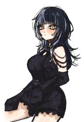 1girl :&lt; alternate_costume black_dress black_hair closed_mouth dress grey_hair hololive hololive_english long_hair looking_at_viewer multicolored_hair penguin_stamp shiori_novella simple_background sleeves_past_fingers sleeves_past_wrists solo split-color_hair two-tone_hair virtual_youtuber white_background yellow_eyes