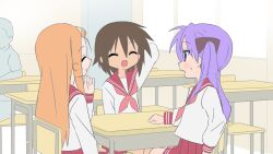 3girls arm_behind_head blue_eyes bow brown_hair chair classroom closed_eyes desk fang giggling highres hiiragi_kagami kusakabe_misao long_hair lucky_star minegishi_ayano multiple_girls open_mouth orange_hair purple_hair ryouou_school_uniform rytoua318 school_chair school_desk school_uniform short_hair sitting twintails window
