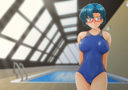 1girl arms_behind_back backlighting bishoujo_senshi_sailor_moon blue_eyes blue_hair blue_one-piece_swimsuit blush breasts breasts_apart cameltoe closed_mouth collarbone competition_swimsuit covered_erect_nipples covered_navel cowboy_shot dutch_angle earrings female_focus formal_clothes glasses jewelry large_breasts looking_at_viewer mizuno_ami nanashi_noiji one-piece_swimsuit red-framed_eyewear rei_no_pool semi-rimless_eyewear short_hair smile solo standing suit swimsuit tareme