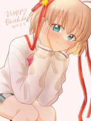 Rule 34 | 1girl, 2025, ahoge, aqua eyes, berry (pokemon), blonde hair, blush, closed mouth, commentary request, dated, dutch angle, feet out of frame, grey skirt, hair between eyes, hair ornament, hair ribbon, hands on own cheeks, hands on own face, happy, happy birthday, highres, kamikita komari, little busters!, little busters! school uniform, long ribbon, long sleeves, looking at viewer, plaid clothes, plaid skirt, red ribbon, ribbon, school uniform, short hair, simple background, sitrus berry, sitting, skirt, smile, solo, star (symbol), star hair ornament, sweater, two side up, wasabi11060612, white background, yellow sweater
