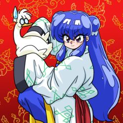 1girl bird blue_hair cosplay duck glasses long_hair mousse_(duck)_(ranma_1/2) mousse_(ranma_1/2) mousse_(ranma_1/2)_(cosplay) purple_eyes ranma_1/2 red_background shampoo_(ranma_1/2) smile wanta_(futoshi)