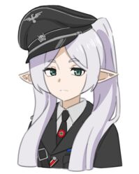 1girl black_cat03 black_hat black_jacket black_necktie closed_mouth collared_shirt elf expressionless frieren green_eyes grey_hair hat jacket long_hair nazi nazi_party_pin necktie peaked_cap pointy_ears shirt simple_background skull_pin solo sousou_no_frieren swastika white_background