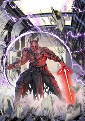 1boy alien belt beto_miranda black_belt black_boots black_pants boots bracelet crossguard_lightsaber debris devaronian energy_sword highres holding holding_sword holding_weapon horns jewelry lightning lightsaber motion_blur open_mouth pants red_lightsaber signature sith smoke solo star_wars sword tattoo teeth topless_male weapon yellow_eyes