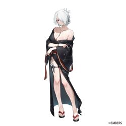Rule 34 | 1girl, ash arms, bare shoulders, black kimono, blush, bracelet, breasts, cleavage, closed mouth, collarbone, commentary request, copyright notice, dagger, full body, hair over one eye, highres, holster, il-2m (ash arms), japanese clothes, jewelry, kimono, knife, knife sheath, large breasts, looking at viewer, necklace, off shoulder, official art, okobo, platform sandals, red eyes, sandals, sheath, short hair, siiqa vivi, simple background, solo, standing, tachi-e, thigh holster, thigh strap, water drop, weapon, white background, white hair, yukata, zouri