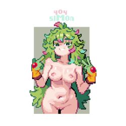 1girl artist_name boku_no_hero_academia breasts cleft_of_venus commentary cowboy_shot deku&#039;s_photo_of_hagakure_toru english_commentary gloves green_eyes green_hair grin hagakure_toru inward_v l_hand large_breasts long_hair looking_at_viewer multicolored_hair navel nipples nude paid_reward_available pink_hair pixel_art pointing pointing_at_self pussy sim0n404 simple_background smile solo stomach two-tone_hair v very_long_hair