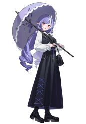 1girl absurdres black_boots black_dress black_nails boots breasts dress drill_hair full_body highres holding holding_umbrella long_hair long_sleeves looking_at_viewer medium_breasts multicolored_hair nail_polish niji_(rudduf232) open_mouth pointy_ears purple_hair red_eyes shirt simple_background solo standing streaked_hair twin_drills umbrella very_long_hair vivian_(zenless_zone_zero) white_background white_hair white_shirt zenless_zone_zero