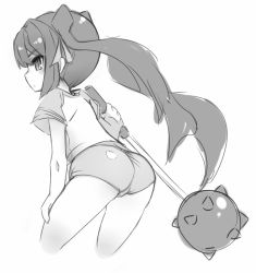 1girl ass buruma female_focus from_behind greyscale karukan_(monjya) kooh leaning_forward long_hair looking_back mace monochrome pangya ribbon shirt short_sleeves sketch solo spiked_mace spikes twintails weapon
