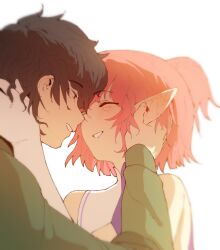 1boy 1girl black_eyes black_hair brown_hair camila_(vtuber) closed_eyes demon_girl facial_mark gloves green_eyes green_sweater heart heart_facial_mark hetero highres holding_another&#039;s_ear indie_virtual_youtuber long_sleeves looking_at_another multicolored_hair open_mouth otjareniy pink_hair pointy_ears short_hair smile streaked_hair sweater two_side_up vedal987 vedal_ai virtual_youtuber white_background white_hair