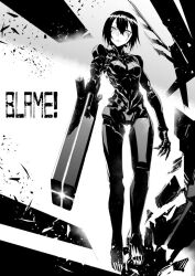 Rule 34 | 1girl, android, arm cannon, black hair, blame!, breasts, closed mouth, cyborg, facial mark, full body, graviton beam emitter, greyscale, joints, looking at viewer, monochrome, pale skin, revision, robot joints, safeguard (blame!), sanakan, shinazo, short hair, solo, weapon