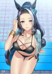 Rule 34 | 1girl, animal ears, bikini, black bikini, black hair, blush, bracelet, breasts, hair ornament, horse ears, horse girl, horse tail, jewelry, large breasts, long hair, looking at viewer, matuda (matudayazo), mejiro ramonu (umamusume), mole, mole under eye, multicolored hair, necklace, ponytail, pool, poolside, purple eyes, reaching, reaching towards viewer, side-tie bikini bottom, smile, streaked hair, swimsuit, tail, umamusume, white hair
