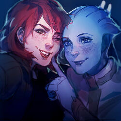 2girls alien asari_(mass_effect) cheek_poking commander_shepard commander_shepard_(female) liara_t&#039;soni mass_effect_(series) multiple_girls one_eye_closed poking rabbit_ears selfie smile tumblr wink