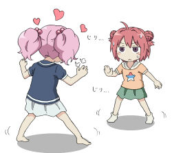 2girls ahegao akaza_akari amekashi barefoot blue_shirt green_skirt hair_bun hair_tie heart imminent_kiss imminent_rape multiple_girls pink_hair purple_eyes red_hair shirt skirt socks star_(symbol) sweat visible_air white_background white_skirt yellow_shirt yoshikawa_chinatsu yuru_yuri