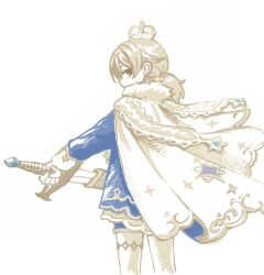 1girl black_eyes blue_jacket ch1ba12m cloak crown grey_hair idolmaster idolmaster_cinderella_girls jacket looking_at_viewer looking_back low_twintails morikubo_nono profile sheath sketch solo sword thighhighs twintails unsheathing weapon