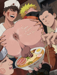 4boys akimichi_chouji alterinku anal_hair anus ass birthmark black_hair blonde_hair blush body_blush bowl brown_hair censored chopsticks earrings egg egg_(food) facial_mark food grabbing_another&#039;s_ass groping hat highres holding holding_bowl inuzuka_kiba jewelry licking_lips male_focus mole mole_on_ass multiple_boys nara_shikamaru naruto_(series) naruto_shippuuden noodles penis ramen shiny_anus skindentation spread_anus spread_ass sweat sweatdrop testicles tongue tongue_out uzumaki_naruto yaoi