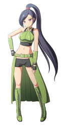 1girl absurdres arm_guards asymmetrical_bangs bike_shorts black_gloves black_shorts black_tank_top boots breasts bustier commentary_request dragon_quest dragon_quest_xi fingerless_gloves full_body gloves gluteal_fold green_boots hand_on_own_hip head_tilt high_ponytail highres kayama_kenji martina_(dq11) medium_breasts midriff navel o-ring o-ring_top partial_commentary ponytail purple_eyes purple_hair shorts smile solo tank_top white_background