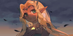 1girl absurdres bare_shoulders blonde_hair blurry blurry_background cheek_tattoo choker circlet cloud cloudy_sky commentary dark-skinned_female dark_skin dress earrings falling_leaves green_eyes hand_on_own_chest highres jewelry leaf long_hair nintendo overcast parted_lips pointy_ears secret_stone sky solo sonia_(zelda) strapless strapless_dress tattoo the_legend_of_zelda the_legend_of_zelda:_tears_of_the_kingdom upper_body wind yumiyumo3o