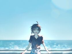 Rule 34 | 1girl, absurdres, antenna hair, black hair, black shirt, blue sky, caustics, collarbone, collared shirt, commentary, day, dress shirt, hand rest, highres, horizon, idolmaster, idolmaster (classic), kikuchi makoto, ocean, open collar, outdoors, parted bangs, reflection, reflective water, shirt, shirt tucked in, short hair, short sleeves, sidelocks, sideways glance, sky, solo, tomboy, yumi xsh