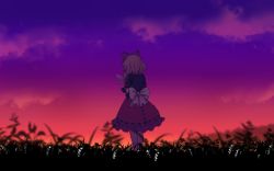 1girl back blonde_hair dusk fairy_wings grass hair_ribbon medicine_melancholy meimaru_inuchiyo ribbon scenery short_hair skirt su-san touhou twilight wavy_hair wings