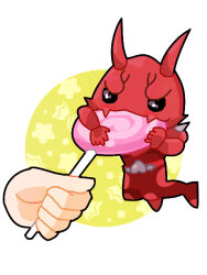 1boy armor biting black_eyes candy chibi circle_background disembodied_hand food hanging_on holding_candy holding_lollipop kamen_rider kamen_rider_den-o_(series) lollipop male_focus momotaros monster monster_boy oni red_armor sharp_teeth star_(symbol) star_symbol_background teeth